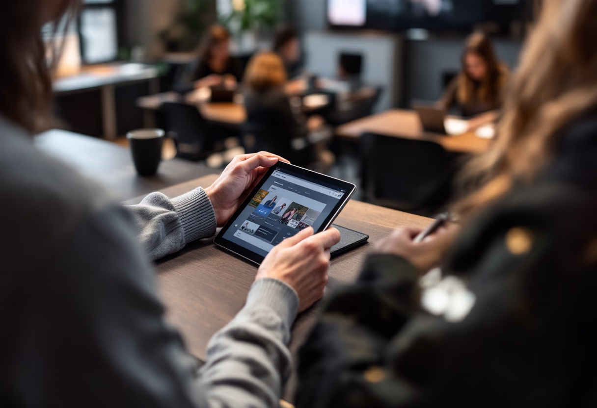 image of a teacher interacting with students using digital tools for an edtech